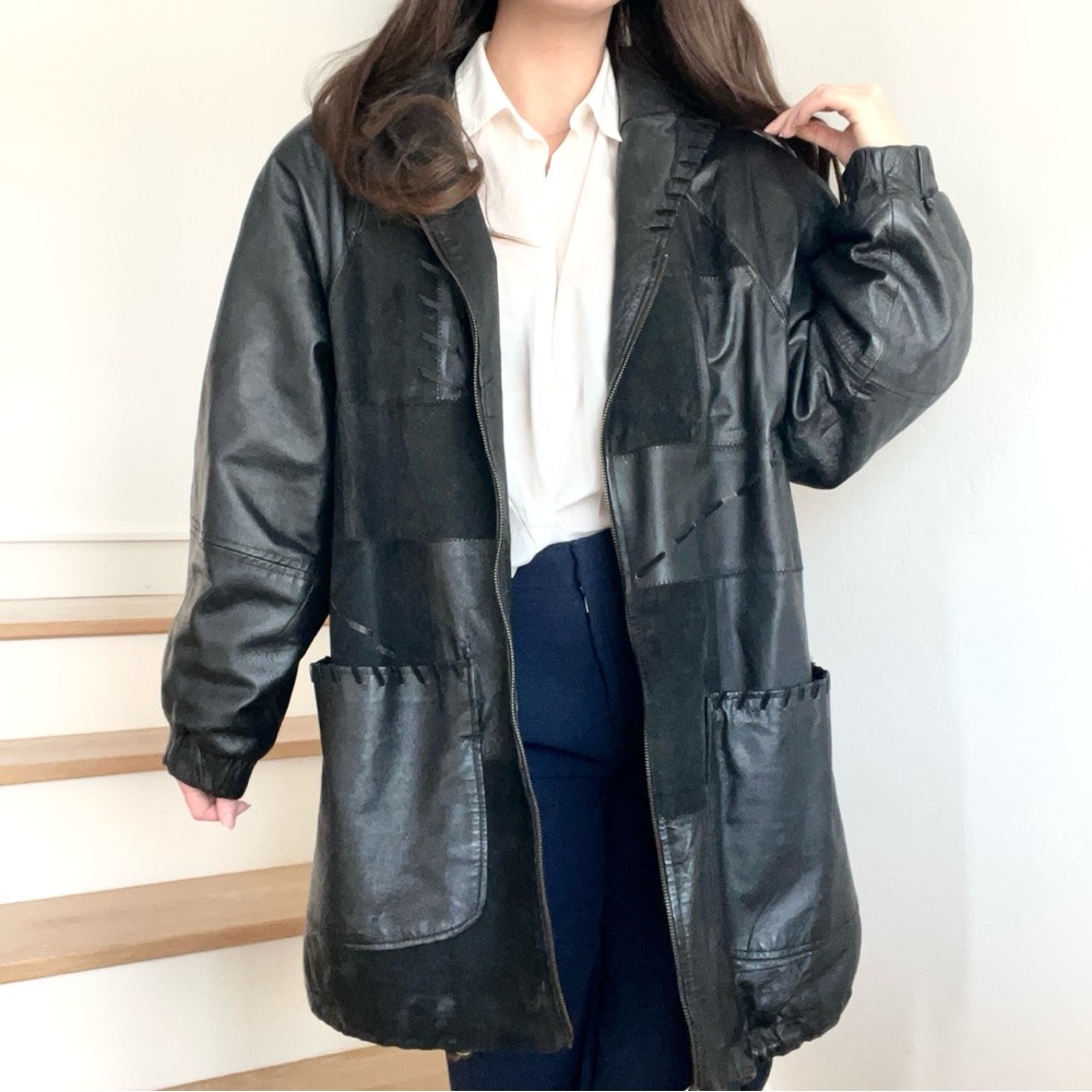 Vintage Hunters Run Patchwork Black Leather Suede Full Zip Hooded Jacket Coat